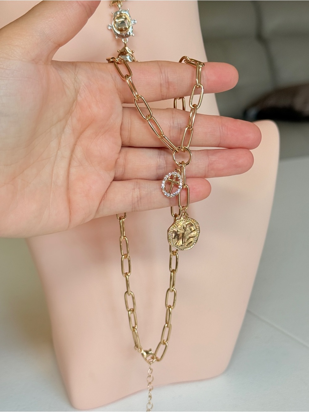 Gold-Tone Link Necklace with Cross Coin and Crystal Charm - Picture 9 of 10